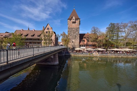 Schuldturm, river Pegnitz, car bridge and pedestrian bridge, historic buildings, metal railings,