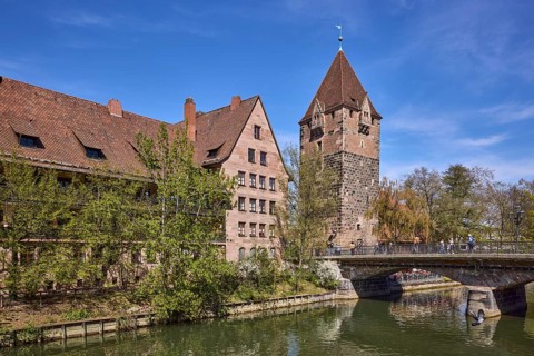 Schuldturm, river Pegnitz, bridge, historical buildings, house, trees, reflections, water surface,