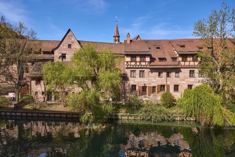 River Pegnitz, historic buildings, Babylon willow (Salix babylonica), trees, symmetrical