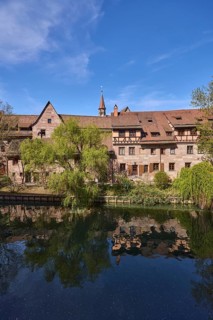 River Pegnitz, historic buildings, Babylon willow (Salix babylonica), trees, reflections, water