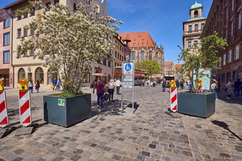 Pedestrian zone, barrier beacons, flower pots, blossoming tree, Canadian rock pear (Amelanchier