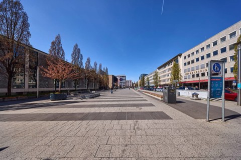 Pedestrian zone, traffic sign, square, modern architecture, general development, trees, blue sky,