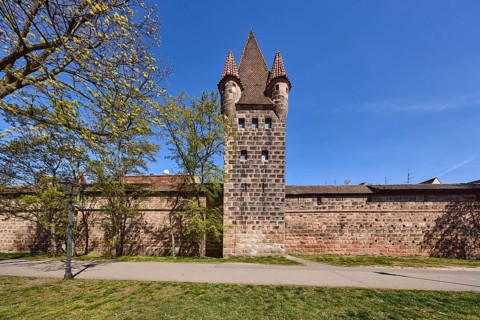 Old town, city fortification, city wall, defence defence tower, footpath, tree, lawn, blue sky,