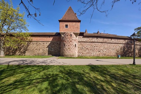 Old town, city fortification, city wall, defence defence tower, footpath, tree, lawn, lantern, blue
