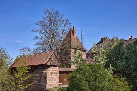 Old town, city fortification, city wall, defence defence tower, trees, blue sky, cirrostratus