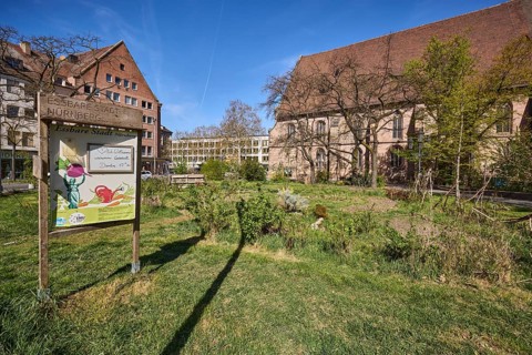 Edible city Jakobsplatz, city garden, gardens, trees, general architecture, St. Jakob, church, blue