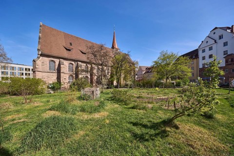 Edible city Jakobsplatz, St. Jakob, church, city garden, gardens, trees, general architecture, blue