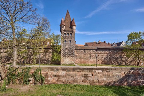 Old Town, Zwinger, city fortification, city wall, tower, historic buildings, trees, meadow, blue