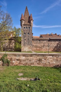 Old town, city fortification, Zwinger, city wall, historical buildings, tower, trees, meadow, blue
