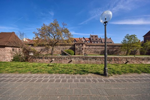 Lantern, pavement, old town, trees, meadow, city fortification, city wall, historic buildings, blue