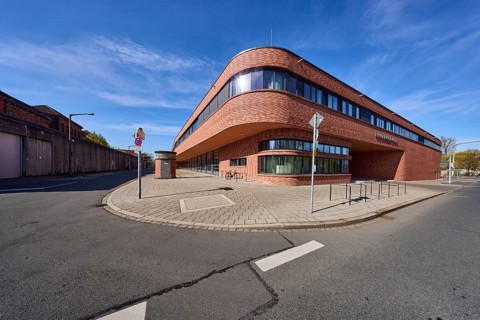 Fire Station 1, modern architecture, street, footpath, pavement slabs, asphalt, blue sky,