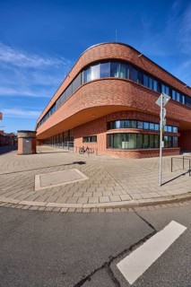 Fire Station 1, modern architecture, street, footpath, pavement slabs, asphalt, blue sky,
