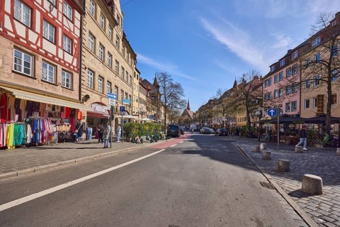 Old town, street, historic houses, half-timbered house, retail shops, fashion shop, trees,