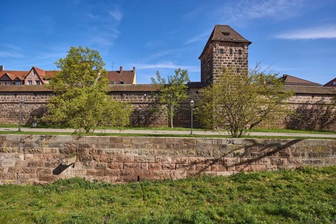 City fortification, city wall, defence defence tower, trees, meadow, historic buildings, blue sky,