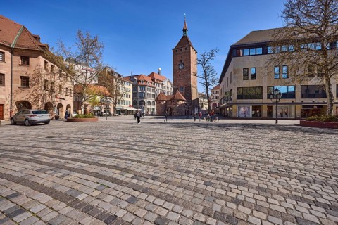 White Tower, square, cobblestone pavement, general architecture, pedestrians as secondary motif,
