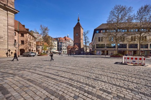 White Tower, square, cobblestones, fenced-off construction site, general architecture, pedestrians