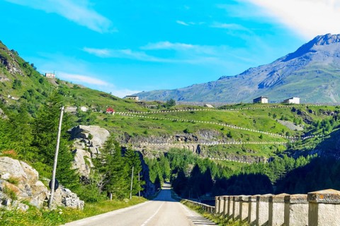 South ramp access road with hairpin bends on a steep slope to the Mont Cenis Pass Col du Mont Cenis
