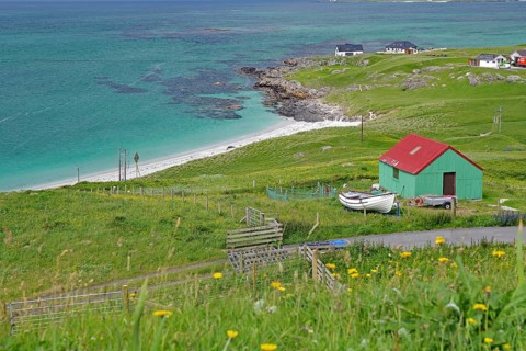 Green pastures with a red shed on a rocky coast by the sea, Outer Hebrides, Eriksay, Scotland,