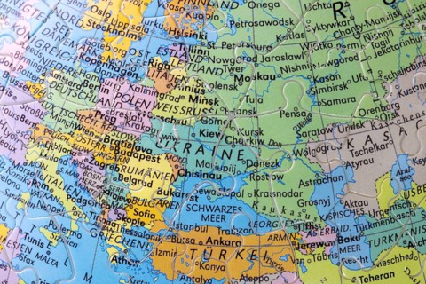 Puzzle globe. Map made from puzzle pieces. Russia. Ukraine, Crimea, Black Sea
