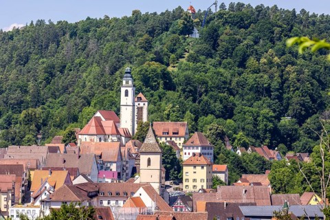 Horb with view of collegiate church, Schurkenturm and SchÃ¼tteberg. Town view of Horb,