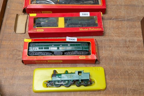 Tri-Ang Hornby model railways train set boxed items for sale on display at auction, UK