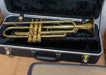 A Boosey and Hawkes 400 trumpet in fitted case for sale on display at auction, UK
