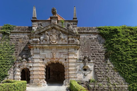 Fortress gate with coat of arms of Prince-Bishop Philipp Valentin Voit von Rieneck, Baroque,
