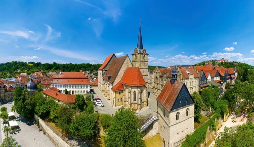 Aerial view, from left Marienplatz, Rosenturm, town wall, Catholic parish of St. Johannes, St.