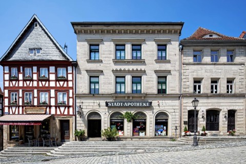 Beautiful row of houses, from left, residential building, half-timbered building, commercial