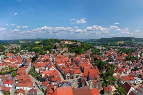 Aerial view, view over upper town, old town, behind Rosenberg fortress, Kronach, Upper Franconia,