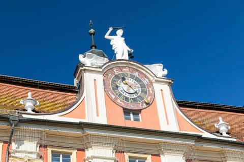 Historic clock at the town hall in Bad Windsheim, Bavaria, Germany