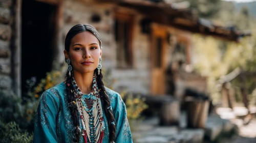 Beautiful and attractive native indigenous north american woman in first nation clothes in