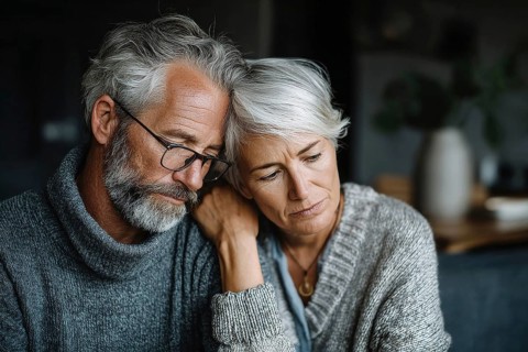 Senior couple grieving. Senior couple with health concerns or trouble in their lives or family, AI