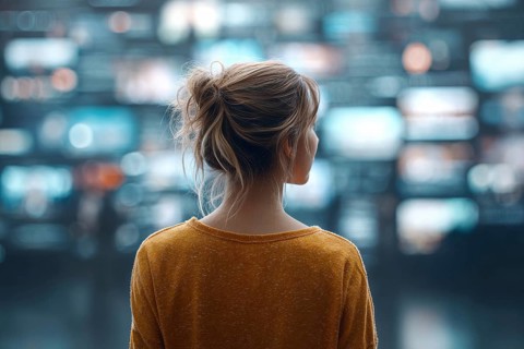 Concept of future entertainment and communication. Attractive young lady looking at wall of TVs, AI