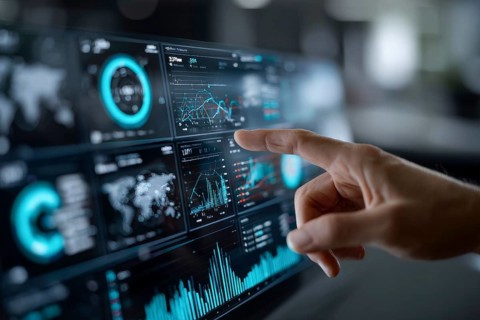 Stock market and economy growth trend fluctuations. Stock broker tracking recession or growth