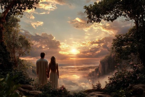 Bible story of Adam and Eve in Paradise Garden of Eden. Legend of Original sin and Temptation.