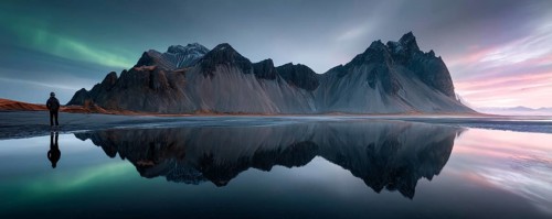 Scenic landscapes of northern Europe and Scandinavia with Aurora Borealis and Northern Lights.