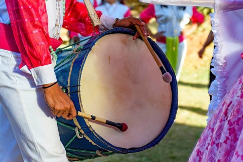 Drums and colorful clothes at the typical religious festival of Congado in a quilombo in Minas