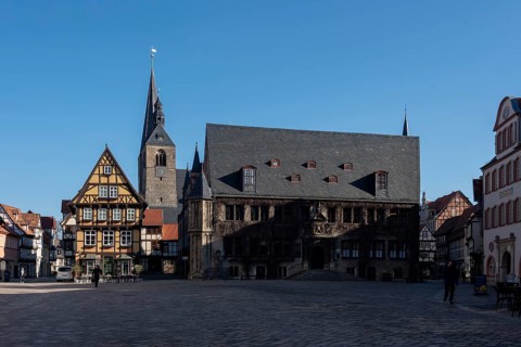 Historic town hall, behind it St Benedikti church, market square of the UNESCO World Heritage town,