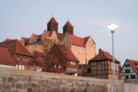 View of the collegiate church of St Servatii on the Schlossberg, Quedlinburg, Saxony-Anhalt,