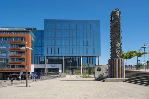 Modern office building Capita at Germaniahafen, museum harbour, Adam and Eve, sculpture by Björn
