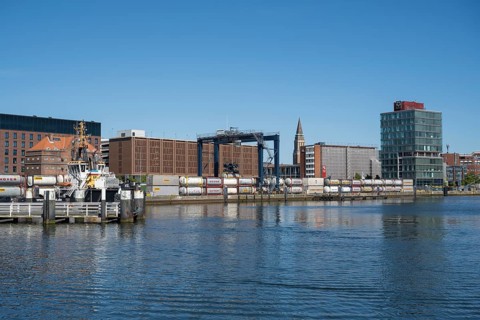 Modern commercial building at Schwedenkai, harbour, Kiel, Kiel Fjord, Baltic Sea,