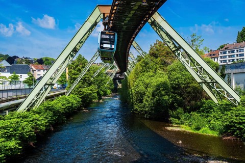 A suspension railway over the Wupper near the AdlerbrÃ¼cke stop, Wuppertal, Germany