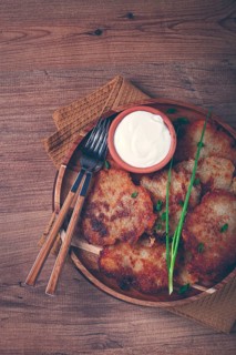 Potato pancakes, pancakes with sour cream, Belarusian dish, homemade, no people
