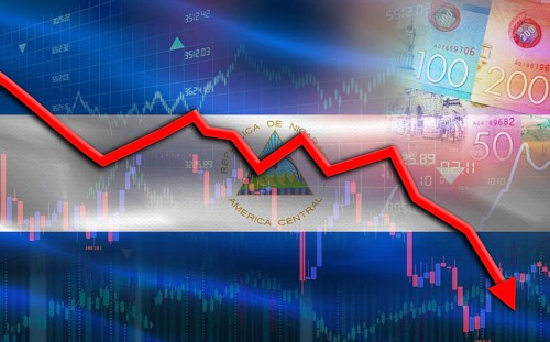 Nicaragua financial fall on economy market. Nicaragua financial crisis on economic graph