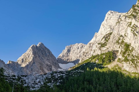 Blue ice glacier in the middle of Blaueisspitze, Hochkalter and Rotpalfen, Berchtesgaden Alps,