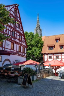 Restaurant with beer garden in a half-timbered house, behind the tower of Ulm Minster, Ulm,