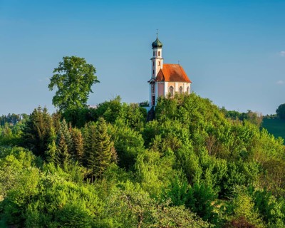 The Calvary Chapel, small pilgrimage church in the evening light, Wörnitzstein district,