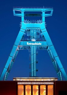 Illuminated headframe of the German Mining Museum at Extraschicht, Bochum, Ruhr area, North