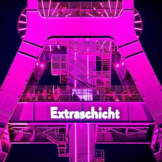Illuminated headframe of the German Mining Museum with people, Extraschicht, Bochum, Ruhr area,